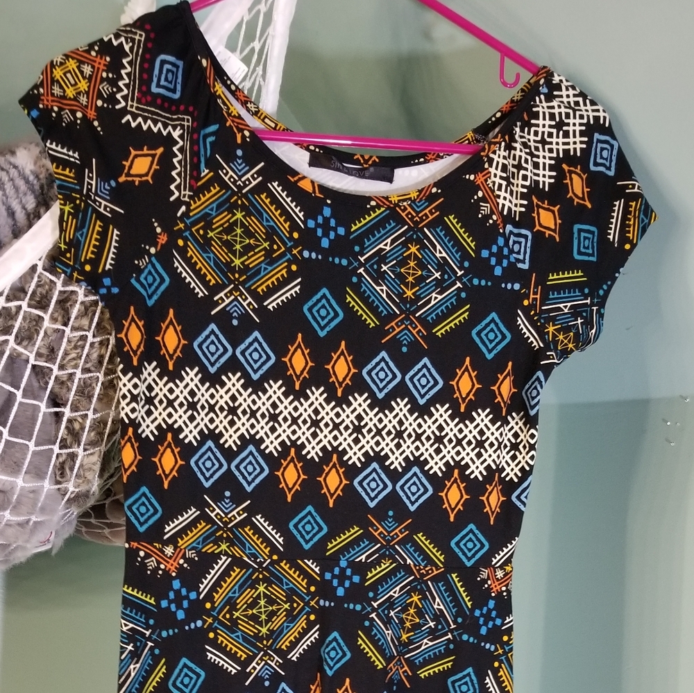 Black/Multi Geometric Cotton Midi Dress